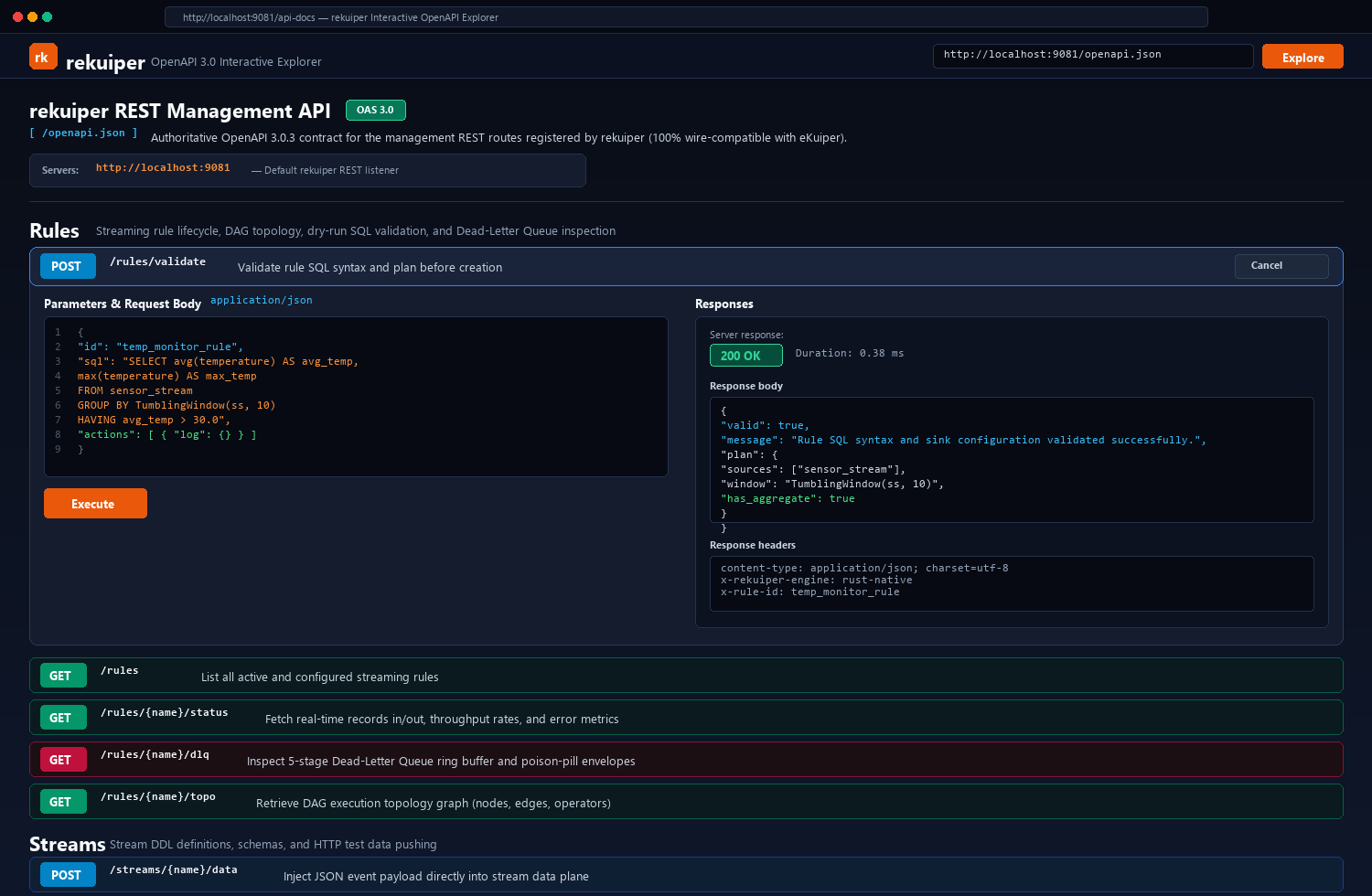 rekuiper Interactive OpenAPI / Swagger UI